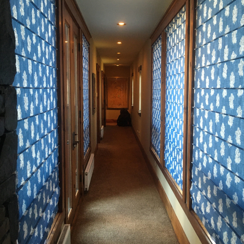 blue shades in hallway, brown walls, pictures on wall
